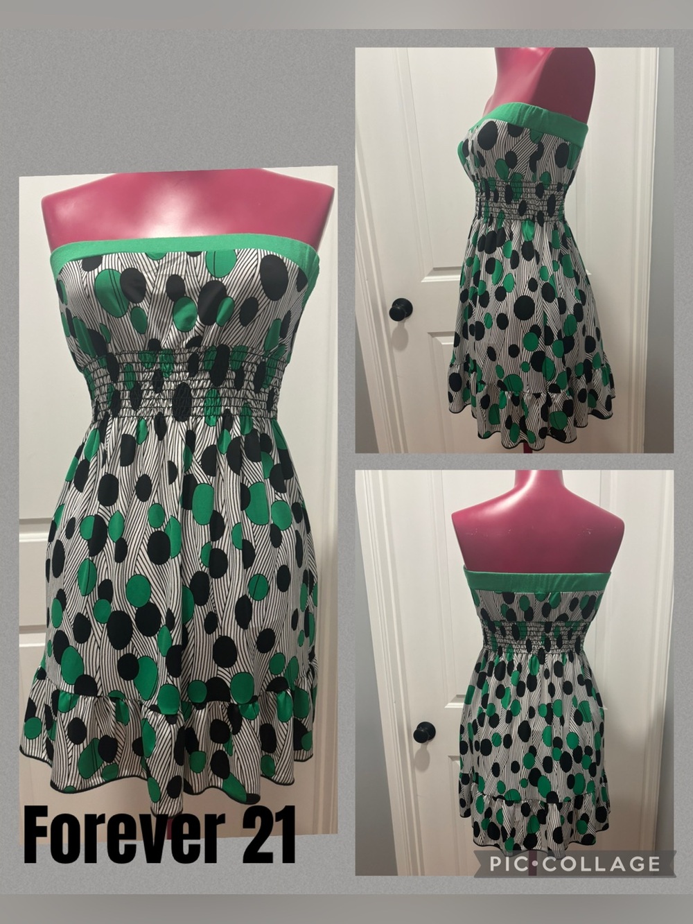 Forever 21 Strapless baby doll top with Green and Black Dots y2k M